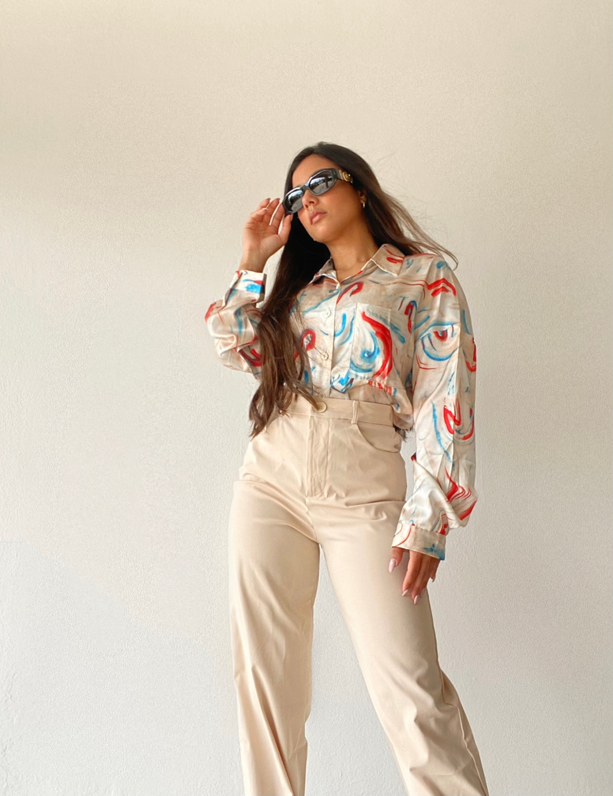 long sleeve multi color swirl button up blouse