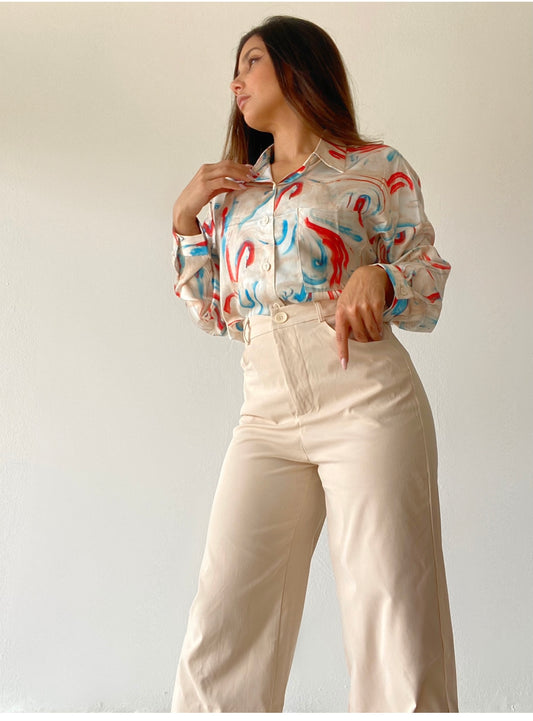 long sleeve multi color swirl button up blouse