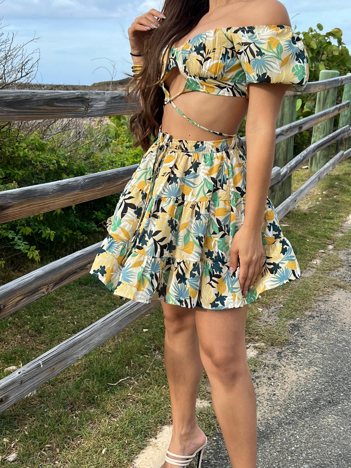 Leaf Print Crop Top and Mini Skirt Set